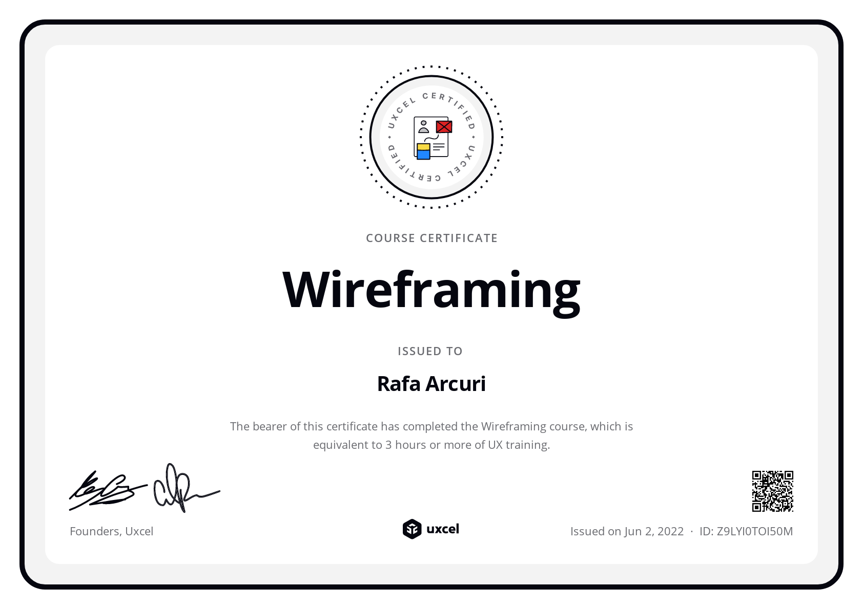 Rafa Arcuri's certificate